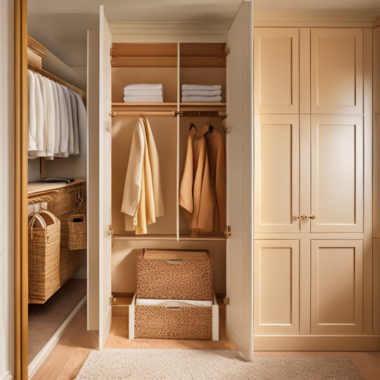 A serene, well-lit linen closet with soft, creamy walls, featuring floor-to-ceiling cabinets in a warm, honey-brown finish, adorned with elegant metal hardware and filled with neatly folded, crisp white linens.