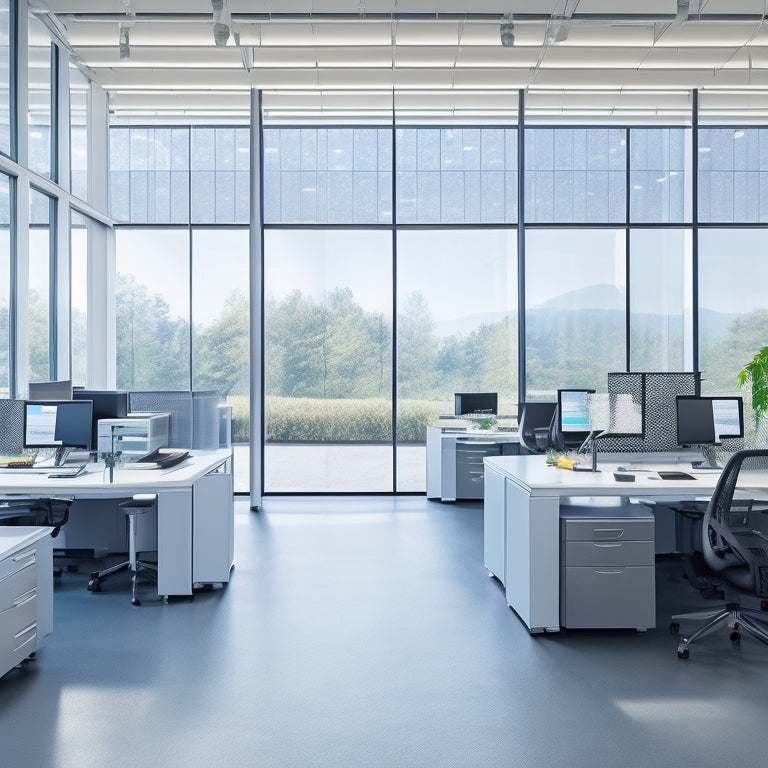 A sleek, modern office with a row of silver filing cabinets, each with a digital display and touchscreen interface, surrounded by minimalist desks and ergonomic chairs, bathed in natural light.