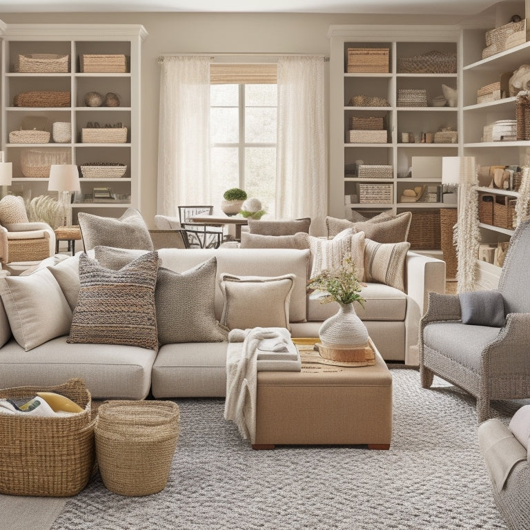 A clutter-free living room with a large family sitting on a sectional sofa, surrounded by storage ottomans, woven baskets, and shelves with labeled bins, amidst a backdrop of calm, neutral colors.