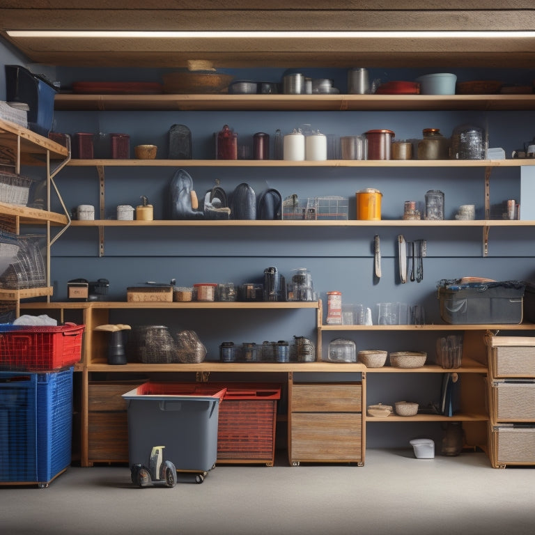 A tidy, well-lit garage with three wooden shelving units, each with five sturdy shelves, holding various storage bins, baskets, and tools, against a light-gray concrete wall.
