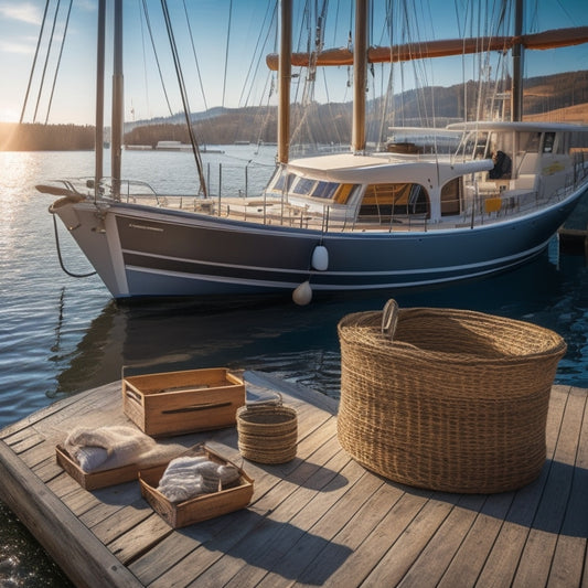 A serene dockside scene featuring a sleek sailboat with a reorganized storage system, showcasing neatly stacked crates, coiled ropes, and precision-mounted gear, set against a warm, sunny background.