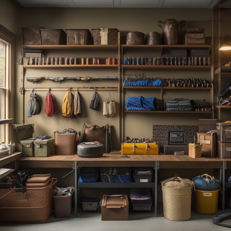 A tidy, organized hunting gear storage room with rows of labeled bins, a pegboard with hanging accessories, and a central workstation with a rifle resting on a velvet cloth.