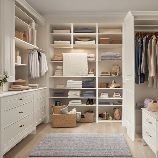 A serene, well-lit closet interior with a mix of open shelving, drawers, and rods, showcasing a variety of neatly arranged clothing, accessories, and storage bins, with a few strategically placed step stools and a vacuum in the corner.