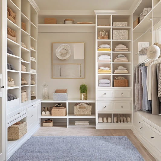 A serene, organized walk-in closet with creamy white shelves, soft gray walls, and a plush area rug, featuring a mix of Closetmaid products, including shelves, rods, and storage bins.