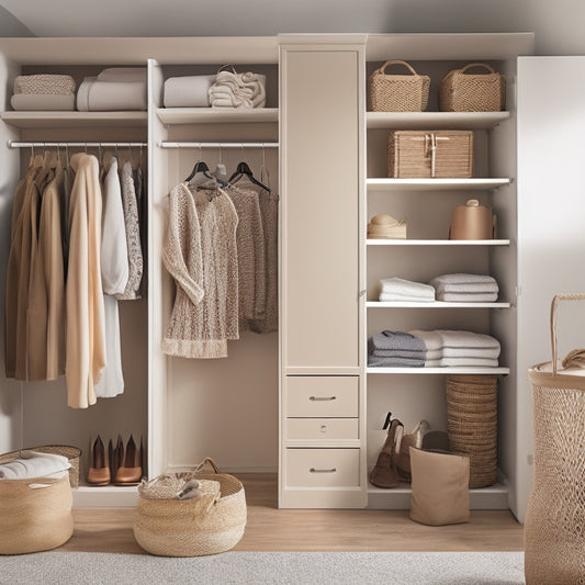 A serene, minimalist closet with soft, warm lighting, featuring a compact shelving unit, hanging rods with space-saving velvet hangers, and a woven basket storing folded clothes.