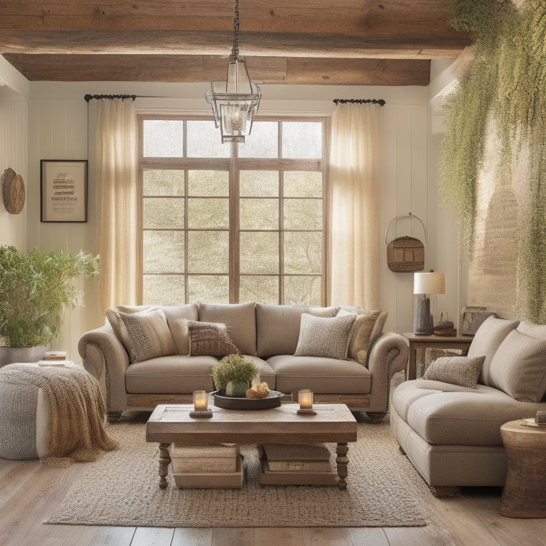 A warm and inviting living room with a rustic wooden beam ceiling, plush sectional sofa in oatmeal hue, vintage metal lanterns, and a reclaimed wood coffee table surrounded by lush greenery.