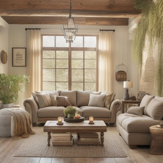 A warm and inviting living room with a rustic wooden beam ceiling, plush sectional sofa in oatmeal hue, vintage metal lanterns, and a reclaimed wood coffee table surrounded by lush greenery.