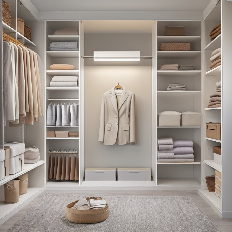 A serene, minimalist walk-in closet with a neutral color palette, featuring a floor-to-ceiling shelf with neatly folded clothes, a double rod for hanging garments, and a few pairs of shoes arranged on a low shelf.