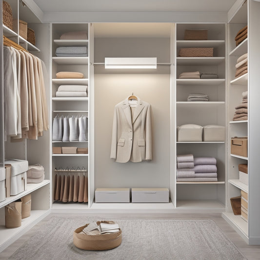 A serene, minimalist walk-in closet with a neutral color palette, featuring a floor-to-ceiling shelf with neatly folded clothes, a double rod for hanging garments, and a few pairs of shoes arranged on a low shelf.