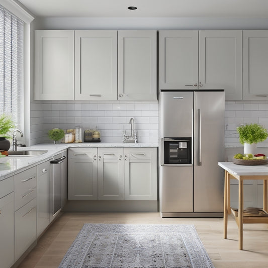 A clutter-free kitchen with sleek, modern cabinets, pull-out pantry drawers, and a wall-mounted pot rack, surrounded by a minimalist backsplash and stainless steel appliances.