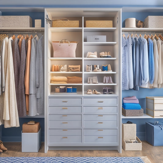 A tidy, modern closet with a mix of open shelves, drawers, and hanging rods, featuring a variety of clever organizers such as stackable cubbies, velvet-lined jewelry trays, and a shoe carousel.