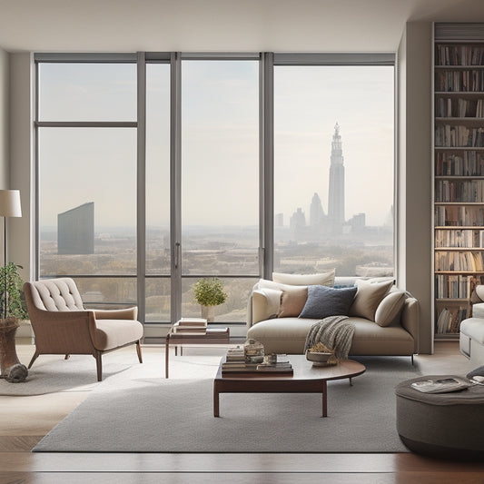 A serene, minimalist living room with a floor-to-ceiling bookshelf, neatly organized books and decorative objects, a sleek, low-profile coffee table, and a large window with a subtle Liverpool cityscape view.