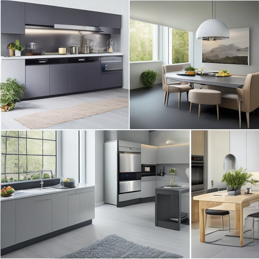 Generate an image of a modern, sleek kitchen with a wall-mounted foldable table, a compact refrigerator with a built-in cooktop, and a curved, space-saving island with a hidden trash can.