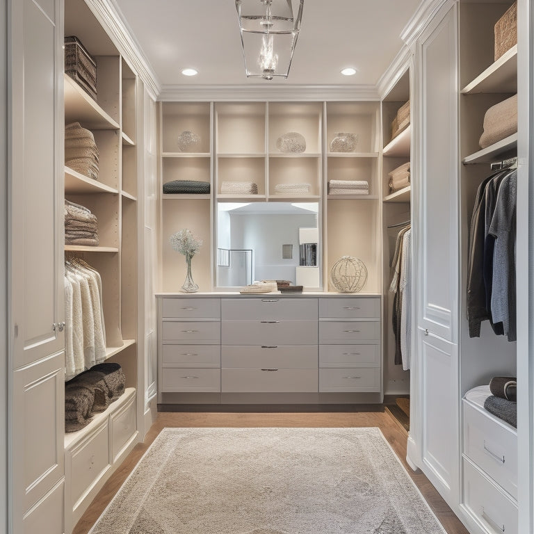 A serene, well-lit walk-in closet with soft, creamy walls and plush, dark wood floors, featuring a custom organization system with sleek, chrome-finished shelves and rods, and a central island with drawers.
