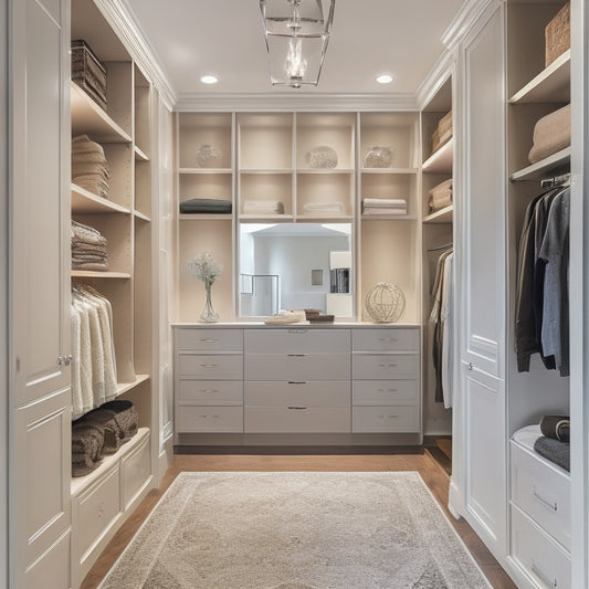 A serene, well-lit walk-in closet with soft, creamy walls and plush, dark wood floors, featuring a custom organization system with sleek, chrome-finished shelves and rods, and a central island with drawers.