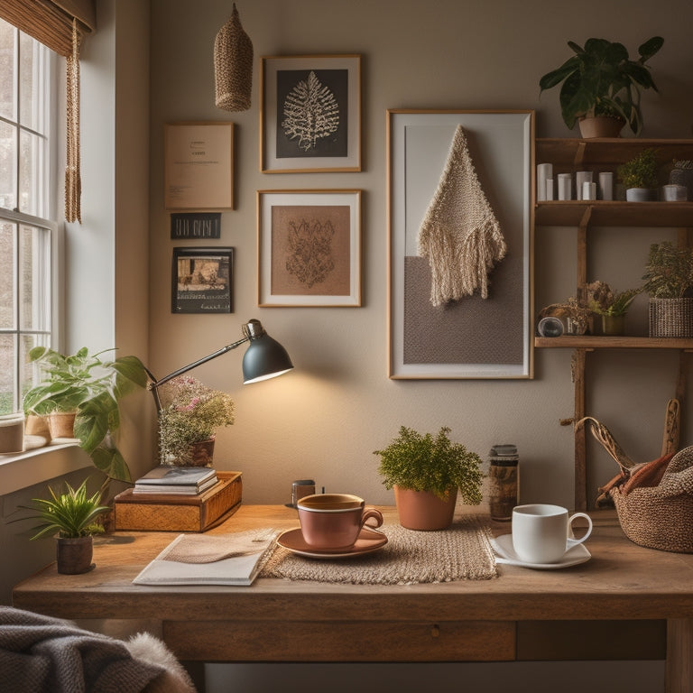 A tidy, well-lit home office with a desk clutter-free except for a half-finished DIY macrame wall hanging, alongside a steaming cup of coffee and a few scattered paint swatches.