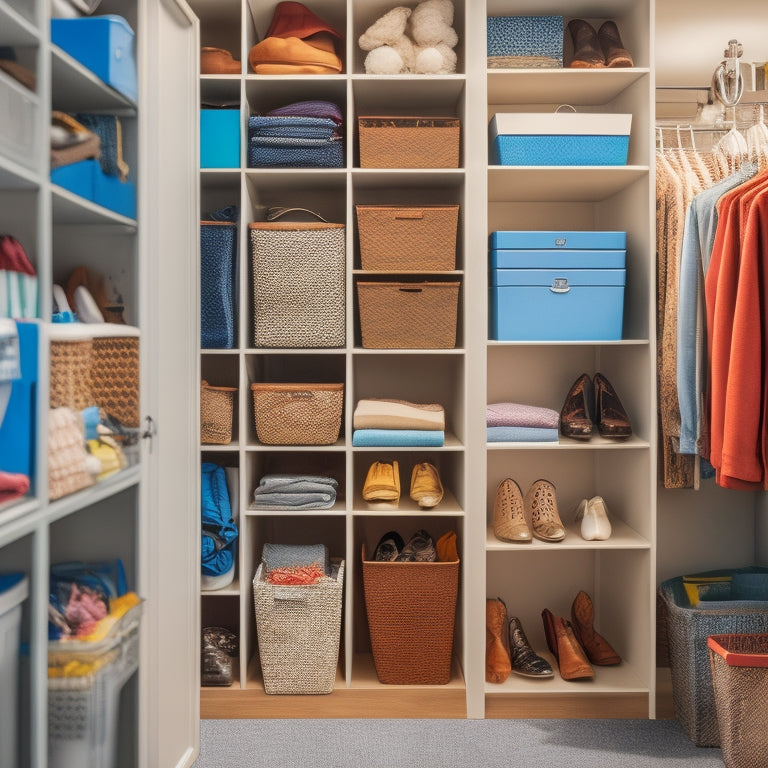 A cluttered closet shelf with various storage bins and messy items transitions into a tidy space with lid organizers, featuring five numbered dividers and a sense of calm, organized chaos.