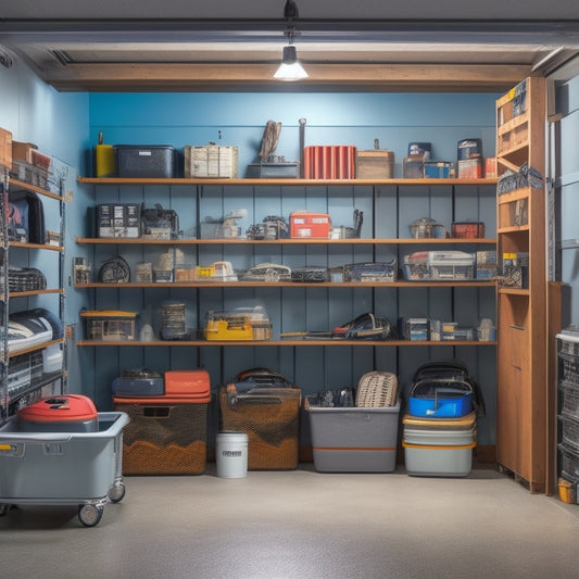 A cluttered garage with tools and storage bins scattered on the floor, contrasted with a clean and organized garage featuring three-tiered shelving units with labeled bins and a few well-placed hooks.