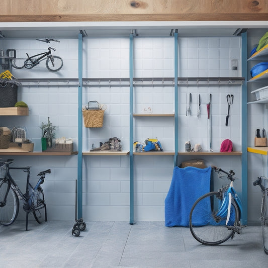A clutter-free garage with a pegboard on the left wall, hooks holding bicycles and tools, and a shelf above with labeled bins, alongside a floor-to-ceiling storage unit with sliding doors.