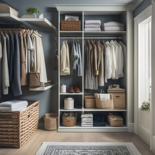 A serene, well-lit closet interior with a mix of open shelves, baskets, and hanging rods, showcasing a harmonious blend of storage and display, with a few stylish shoes and folded garments visible.