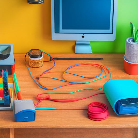 A tidy home office desk with a variety of colorful cord organizers, neatly wrapping and storing cables, USB hubs, and power strips amidst a minimalist background.