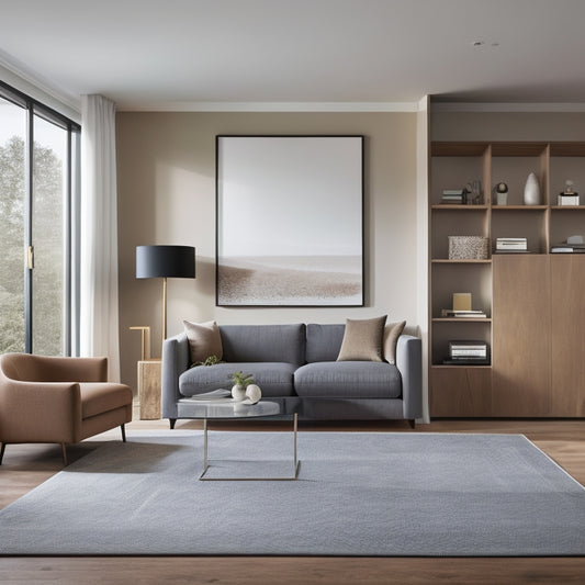 An elegant, minimalist living room with a sleek, floor-to-ceiling storage unit featuring sliding glass doors, wooden shelves, and a built-in desk, surrounded by a plush area rug and modern furniture.