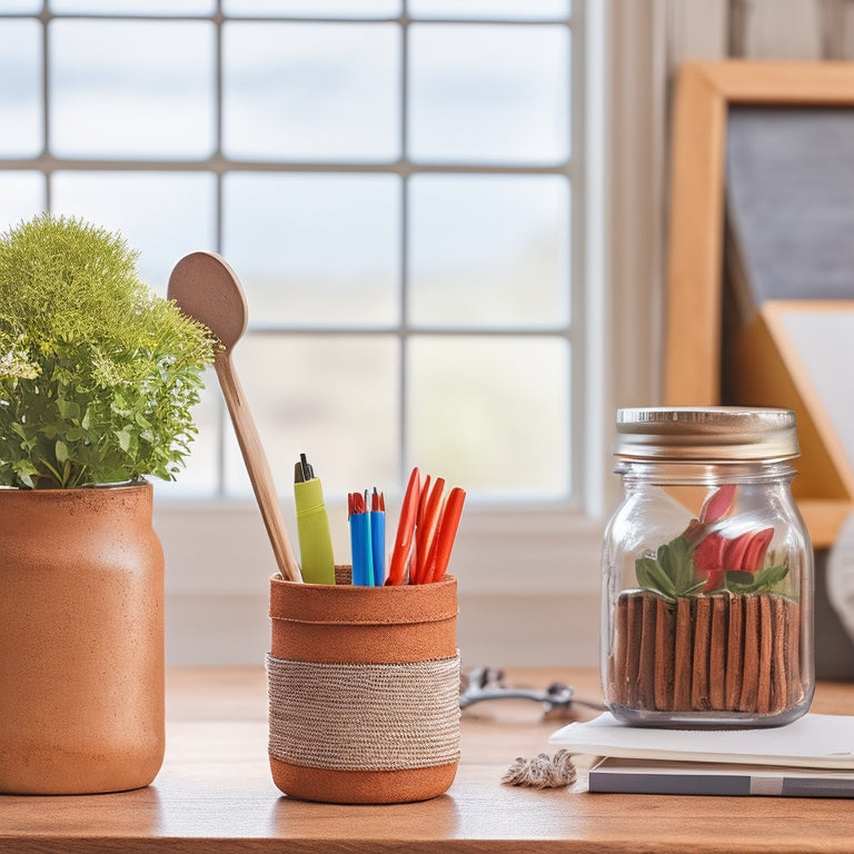 A clutter-free desk with a repurposed mason jar pencil holder, a DIY cord organizer made from a wooden clothespin, and a small potted plant, set against a light-colored wooden background.