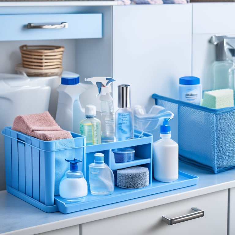 A tidy drawer filled with various cleaning supplies, including a labeled caddy for sprays, a divided tray for scrubbers, and a stackable shelf for paper products, all in a calming blue and white color scheme.