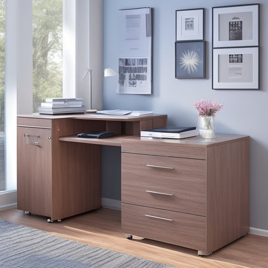 A clutter-free office desk with a sleek, silver digital file cabinet printer stand in the center, surrounded by neatly organized papers and a few pens, with a subtle wood grain background.