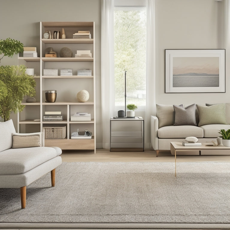 A serene, well-organized living room with a sleek, wall-mounted shelving unit, a minimalist coffee table with hidden storage, and a plush area rug in a calming neutral tone.