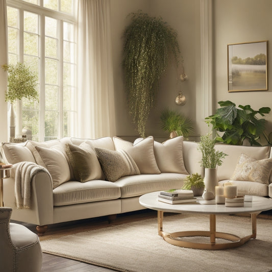 Generate an image of a serene, cream-colored living room with a plush velvet sofa, adorned with a mix of patterned and solid-colored throw pillows, surrounded by lush greenery and soft, warm lighting.