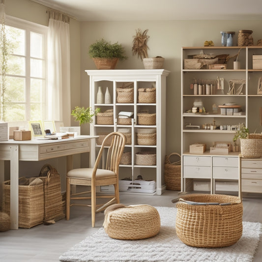 A serene, well-lit craft room with a wooden desk, surrounded by elegant storage units in white and natural wood tones, adorned with woven baskets, and adorned with a few artfully placed crafting tools.