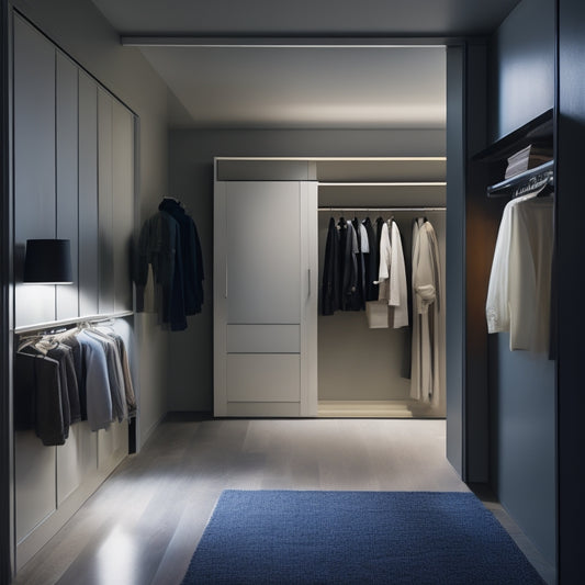 A serene, dimly-lit hallway with a floor-to-ceiling closet featuring sliding glass doors, filled with neatly arranged clothes, shoes, and accessories on sleek, minimalist shelves and hooks.