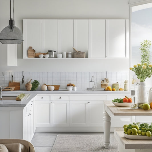 A serene kitchen with a minimalist aesthetic: immaculate white countertops, a few sleek appliances, a utensil organizer on the wall, and a few baskets containing fresh produce on a tidy island.