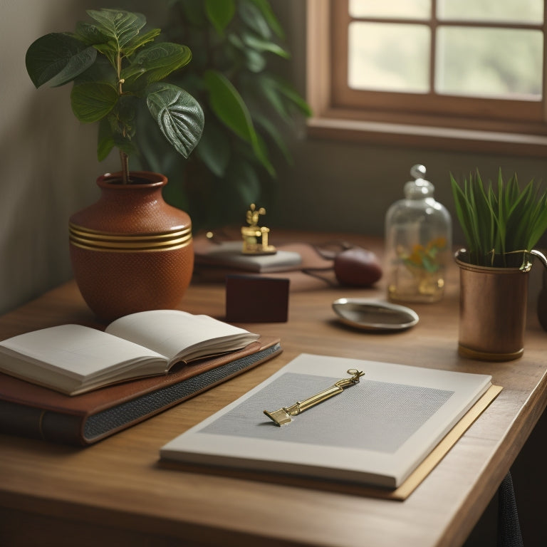 A serene, minimalist room with a few, carefully curated possessions, featuring a tidy desk with a small, leather-bound planner, a potted plant, and a single, ornate key on a hook.