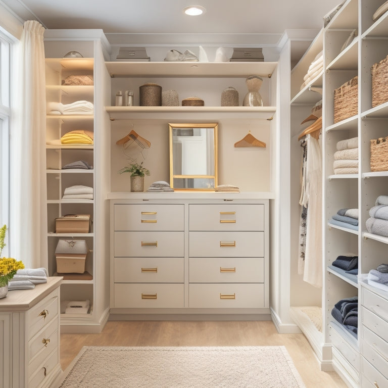 A serene, walk-in closet with cream-colored walls, sleek white shelves, and a central island with drawers, surrounded by neatly organized clothes, shoes, and accessories, bathed in soft, warm light.