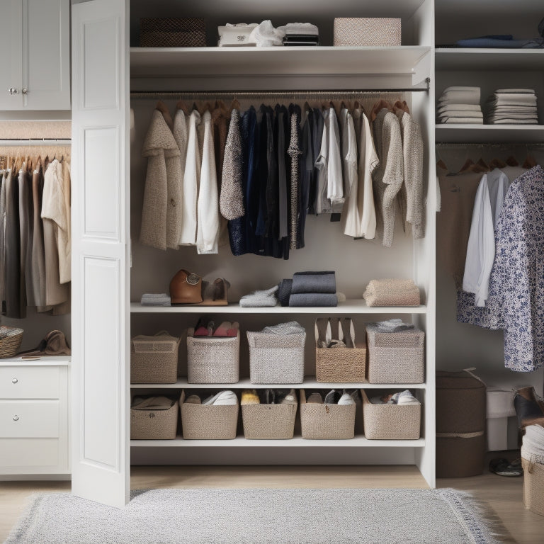 A cluttered closet with clothes scattered on the floor, shelves overflowing, and a jumble of hangers, transformed into a serene space with organized shelves, tidy bins, and a few stylish accessories.