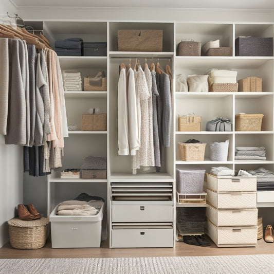A cluttered closet with clothes scattered on the floor, hangers tangled, and shoes piled high, transformed into a serene space with organized shelves, labeled bins, and a calm color scheme.