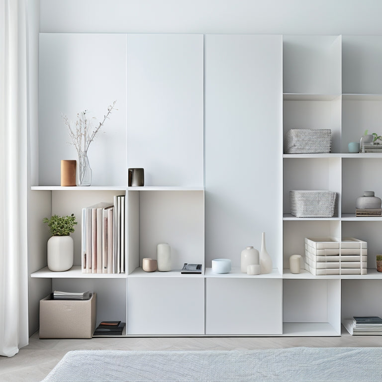 A minimalist, modern room with a sleek, white cube storage organizer against a light-gray wall, filled with neatly arranged books, decorative vases, and folded blankets in a harmonious, clutter-free space.