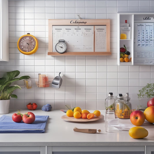 A tidy kitchen with a calendar on the wall, divided into daily and weekly tasks, with a clock and cleaning supplies nearby, and a few fresh fruits and vegetables on the countertops.