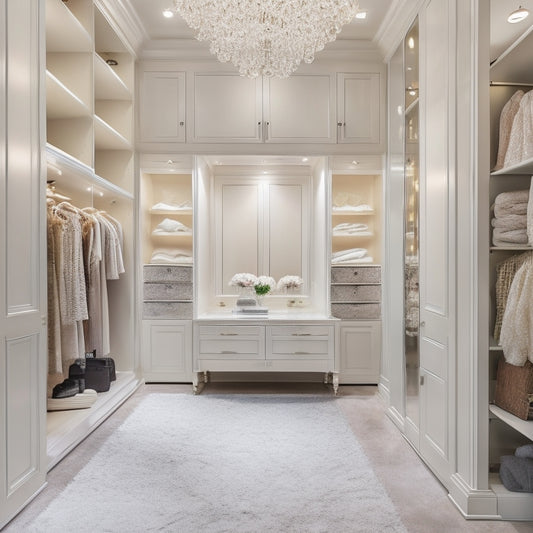 A serene, high-ceilinged walk-in closet with cream-colored marble floors, custom-built shelves, and a velvet-upholstered ottoman, illuminated by soft, warm LED lights and a stunning crystal chandelier.