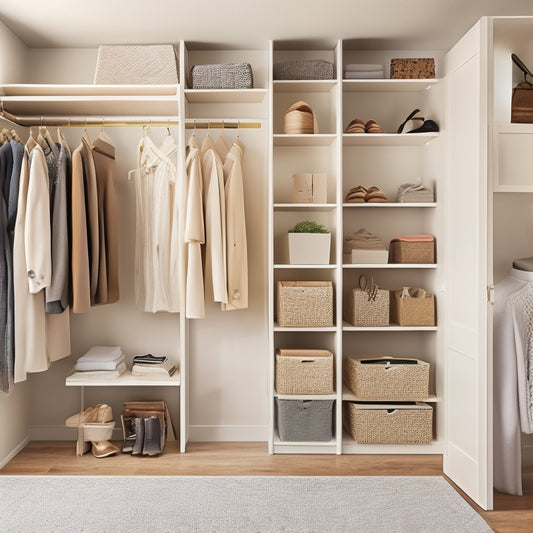 A tidy, walk-in closet with a neutral-colored wall and light wood flooring, featuring a affordable, modular shelving system with stacked storage bins and hanging rods in a harmonious, clutter-free arrangement.