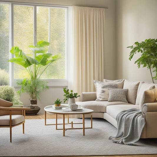 A serene, minimalist living room with a plush cream sofa, a few choice art pieces, and a single, elegant vase on a sleek coffee table, surrounded by lush greenery and natural light.