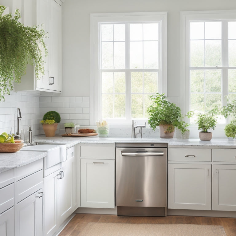 A bright, airy kitchen with white cabinets, stainless steel appliances, and a minimalist backsplash, featuring a few, carefully-placed decorative items, and a single, potted herb plant on the counter.