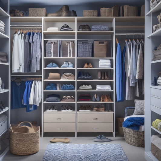 A tidy, well-lit closet with a mix of open shelving, hanging rods, and drawers, featuring a shoe organizer, storage bins, and a step stool, surrounded by neatly arranged clothes and accessories.