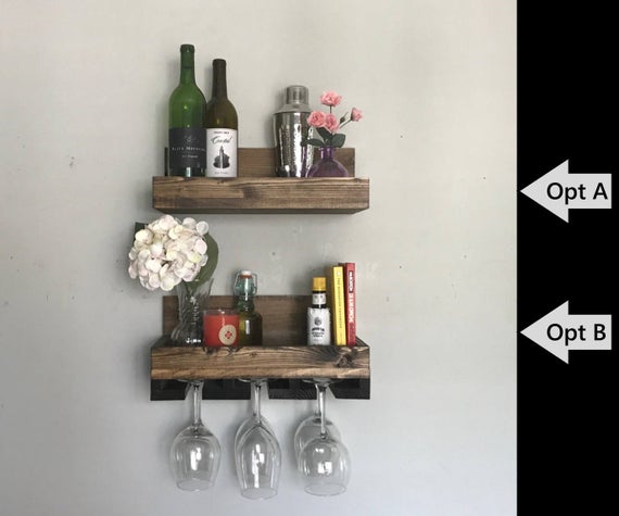 Wood Wine Rack Shelf & Stemware Glass Holder Rustic Organizer Ledge Unique Bar Decor Bar Shelves by DistressedMeNot