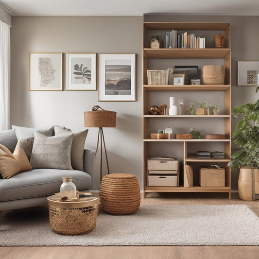 An organized living room with a minimalist aesthetic, featuring a sleek, wall-mounted shelving unit, a storage ottoman, and a few, carefully placed, decorative baskets, surrounded by a clutter-free floor.