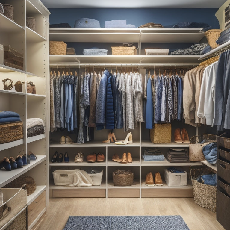 A tidy, well-lit walk-in closet with shelves, drawers, and rods, featuring a mix of folded and hung clothing, shoes, and accessories, with a few decorative baskets and bins.