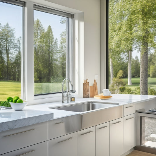 A bright, modern kitchen with a large corner sink, stainless steel faucet, and adjacent windows showcasing a serene outdoor view, surrounded by sleek white cabinets and polished countertops.