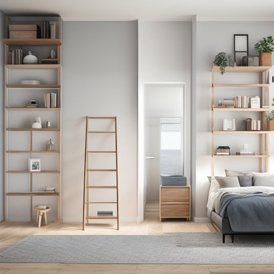 A minimalist bedroom with a floor-to-ceiling shelving unit featuring ladder access, multiple cubbies, and open shelves in a light wood tone against a soft gray wall.